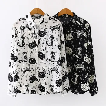 Vintage Print Blouse For Women Cat Printed Funny Chiffon Shirt Loose Long Sleeve Tops T09907W 1