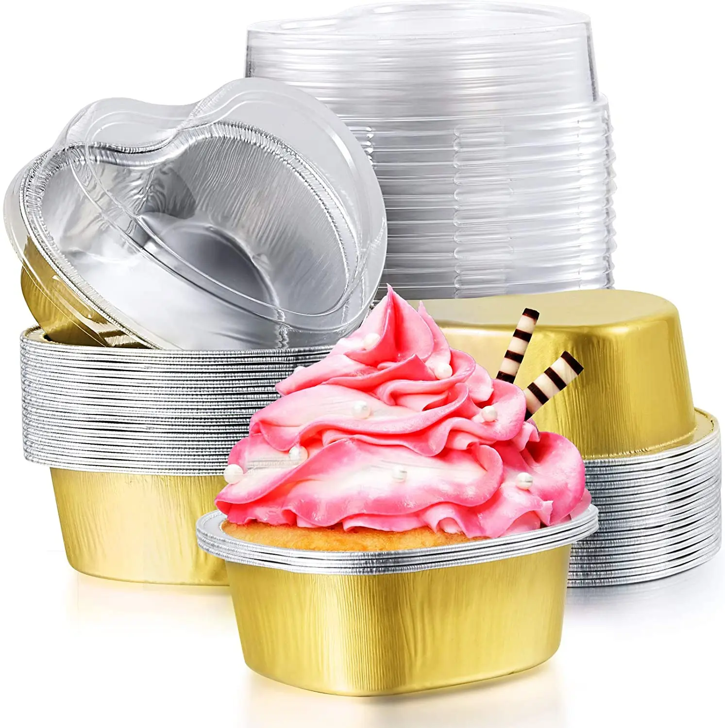 125ml Colored Gold Heart Shape Dessert Foil Tray Microvwavable Cake Baking Cup with Lid Disposable Aluminum Foil Baking Cup