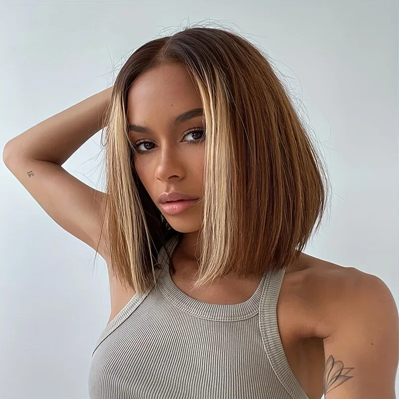 Korte bob echthaar lace front pruik met highlight kleur remy_voghion.com