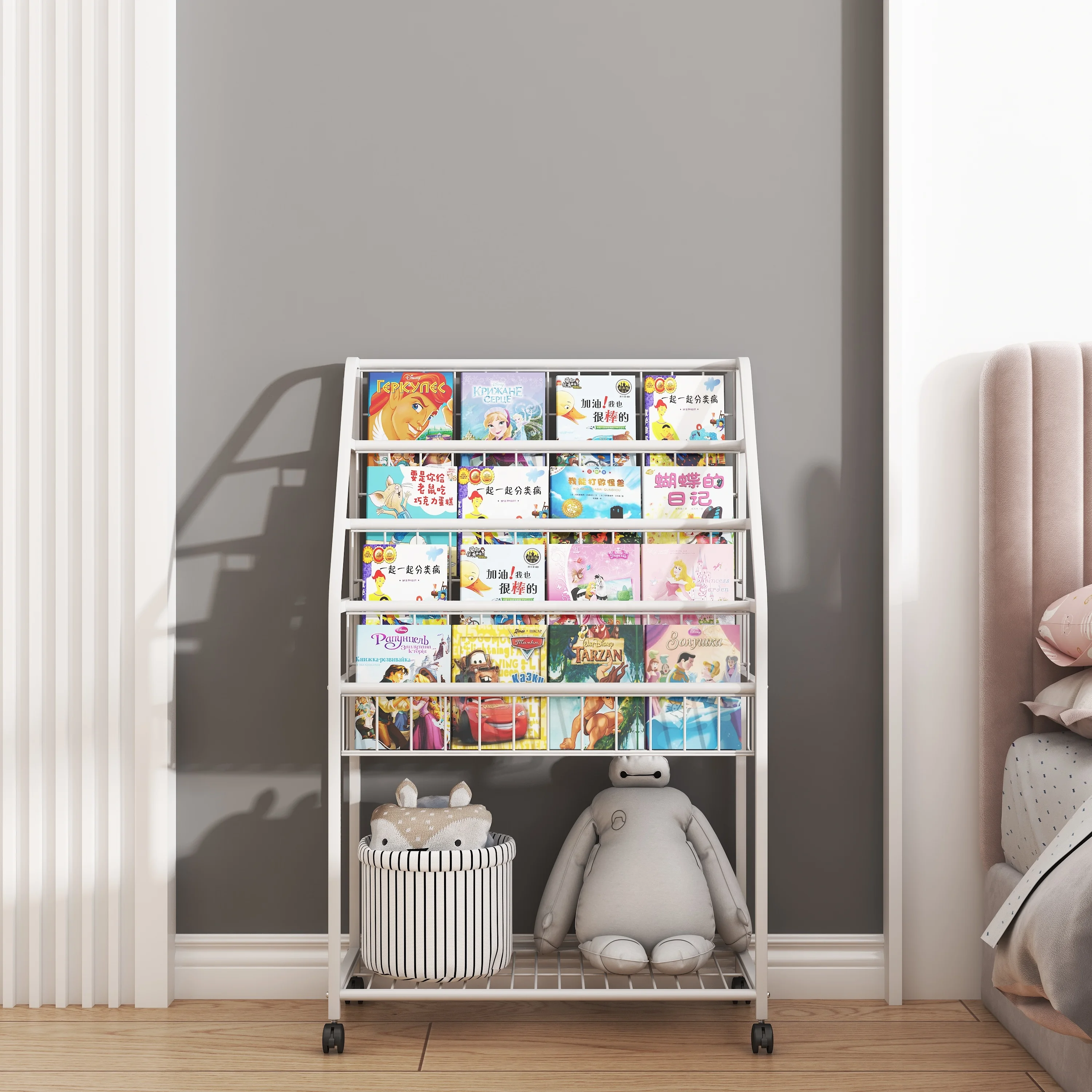 Modern Vintage Steel Frame Display Bookcase Metal Book Shelf Kids Storage Book Rack Shelves Children Toy Storage Rolling Cart