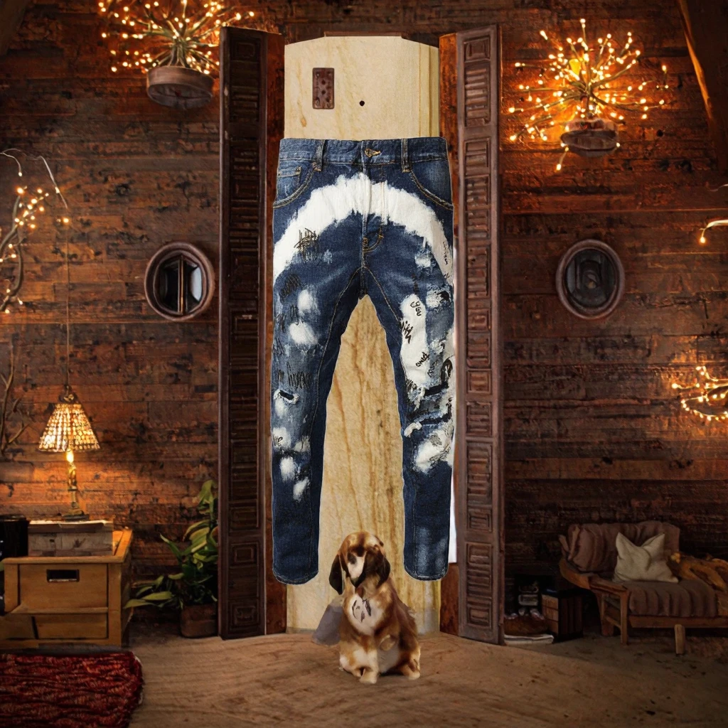 American Vintage Ripped Jeans Casual Stretch Slim-Fit Short-Legged Pants Denim Knitted Washed for Homeless Men Youth Winter