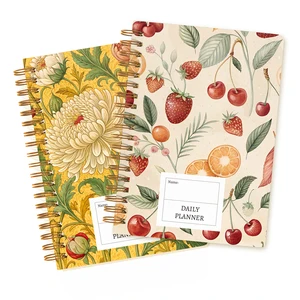 A6 Mini Flower Design Wire Coil Daily Planner Monthly Labels Hardcover Leather Paper Fabric PP Thread Sewing Saddle Stitching