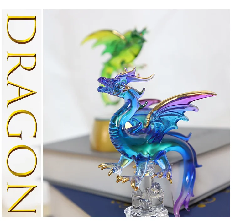 Hand blown blue spun glass dragon classic figurines with stand handmade Chinese Dragon Miniature animal art for sale details