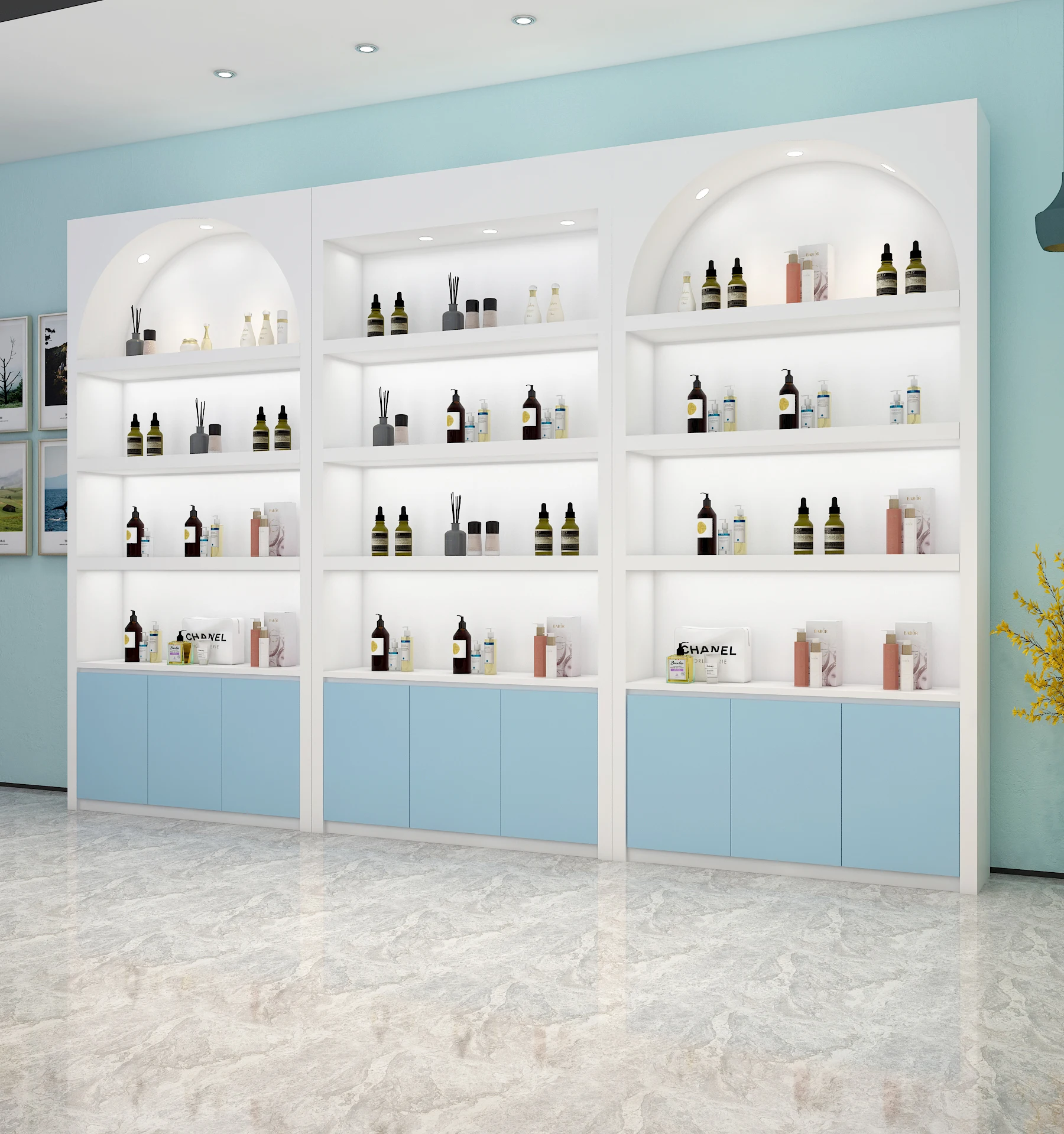 Foshan Meicheng Factory Designed Beauty Shop Nail Salon  Products Display Shelf Cosmetic Shop Show Cabinets With Lights