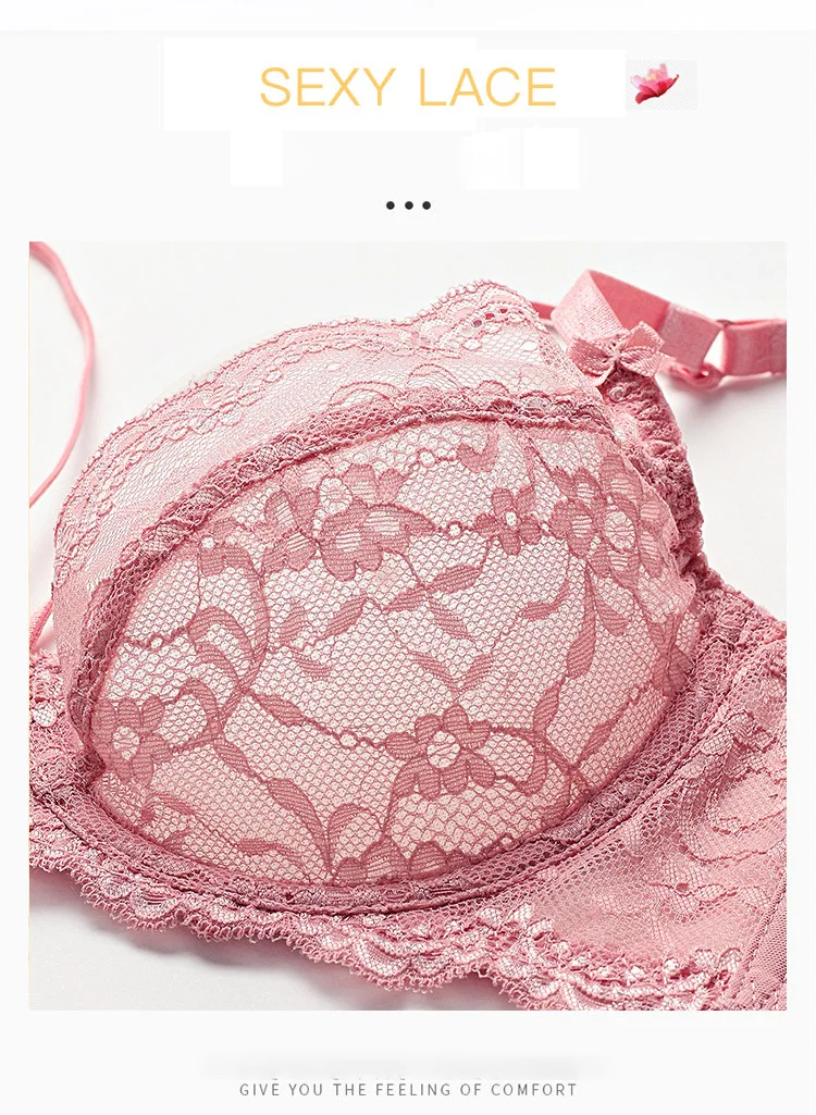 Women's Sexy Lace Ultra-Thin No Sponge Bra Set Transparent Adjusted-Straps Low-Rise Bikini Panties Logo Waist for Large Chest