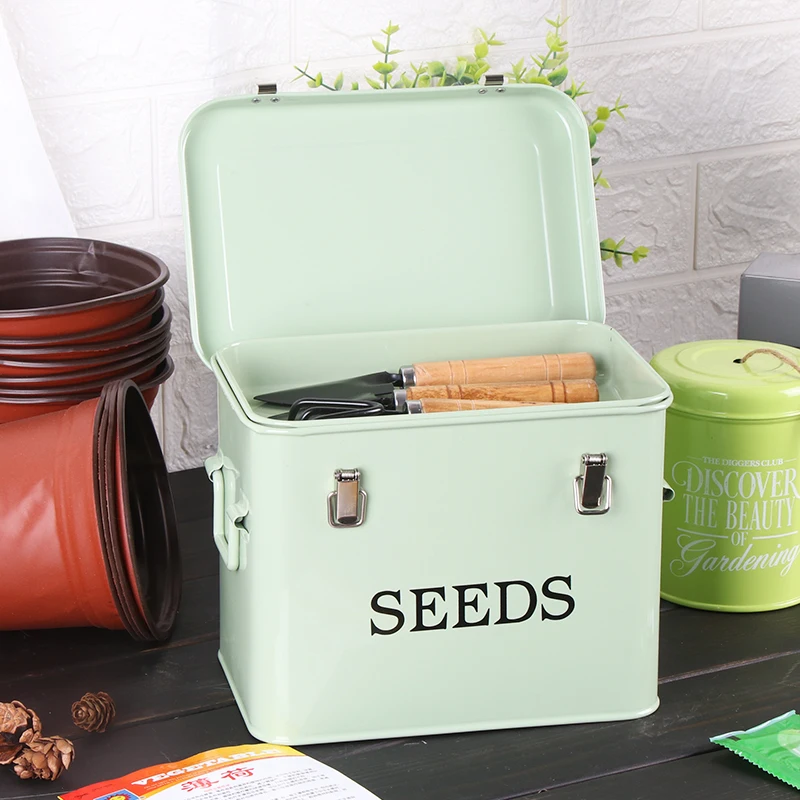 Garden Planting Storage Seed Box Tool Classification with Lock Seeds Storage Container Galvanized Iron Green Seed Tin Box