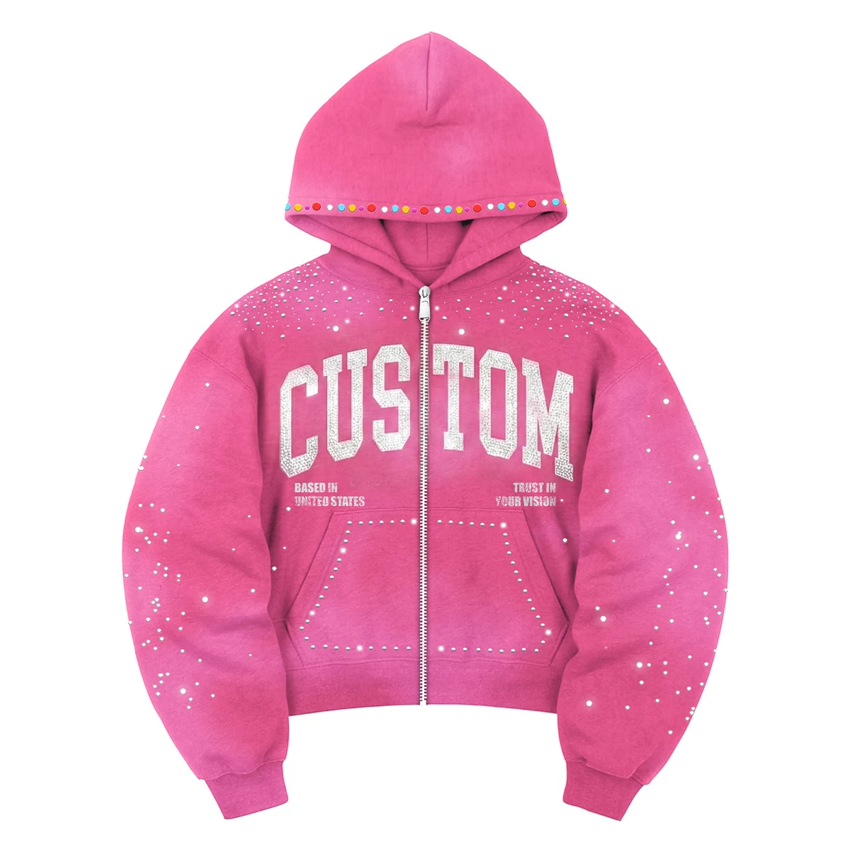 Men's Hoodies Alphabet Pattern Custom Streetwear Cropped Boxy French Terry Sun Faded Rhinestone Hot-Fix Acid Wash Zip up Hoodie