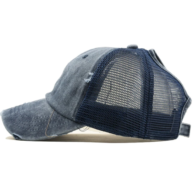 2023 Mesh Trucker Hat Washed Distressed Cotton Denim Ponytail Hat Adjustable Baseball Cap