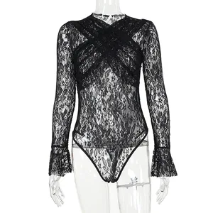 2026 Custom Logo Summer New Sexy Slightly Sheer Tops with Embossed Lace Cross Long Sleeve Women's Jumpsuit