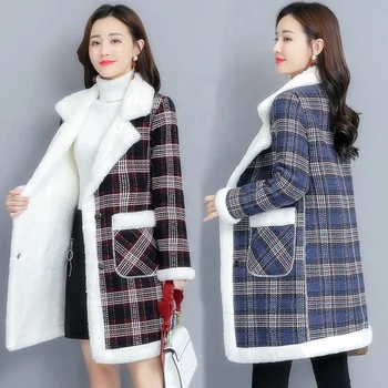 2021 autumn and winter Plush thickened women's Plaid long jacket coat cotton coat inner warm lamb cashmere cardigan