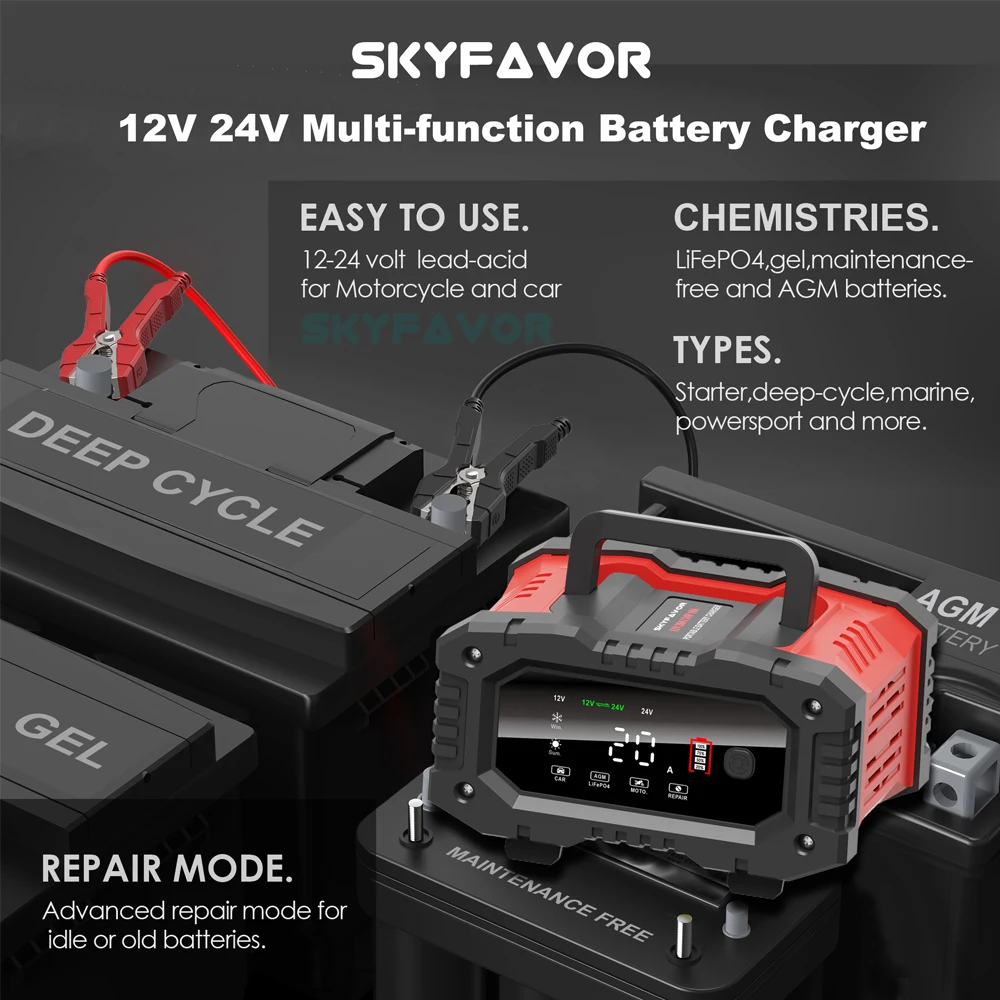 Fast Truck Motorcycle Car Battery Charger 12V 24V 20A Automatic Universal Lifepo4 Lead Acid Gel Agm Pulse Repair Battery Charger