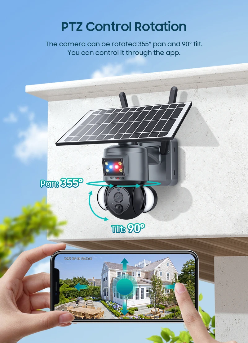 WiFi IP Network 3MP Red Blue Alarm Light Solar Powered Low Power Camera
