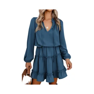 Summer Casual V-neck Party Guest Dress Women Long Sleeved Ruffle Chiffon Natural Waist Washable Solid Dyed Woven A-line Vintage