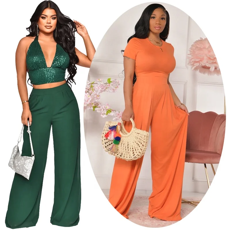 Womens Two Piece Palazzo Pants Sets Luxury Sequin Crop Top Wide Leg  Trousers Matching Summer Track Suit Black Jumpsuit