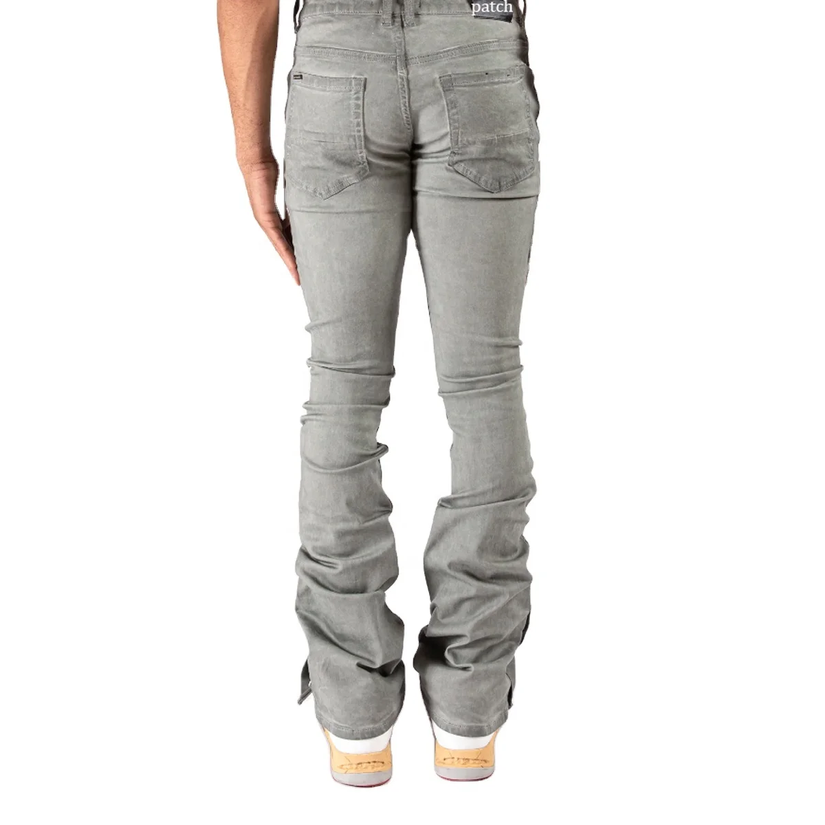 Custom Denim Luxury Flare Snap Button Branded Jeans Men Style Flared Pants  No Rips Distressed Skinny Stacked Jeans Grey Woven