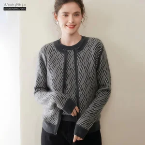 Women's Autumn Winter Casual Geometric Wool/Acrylic Cardigan Loose Slimming Korean Jacquard Knitted Sweater Jacket Logo Front
