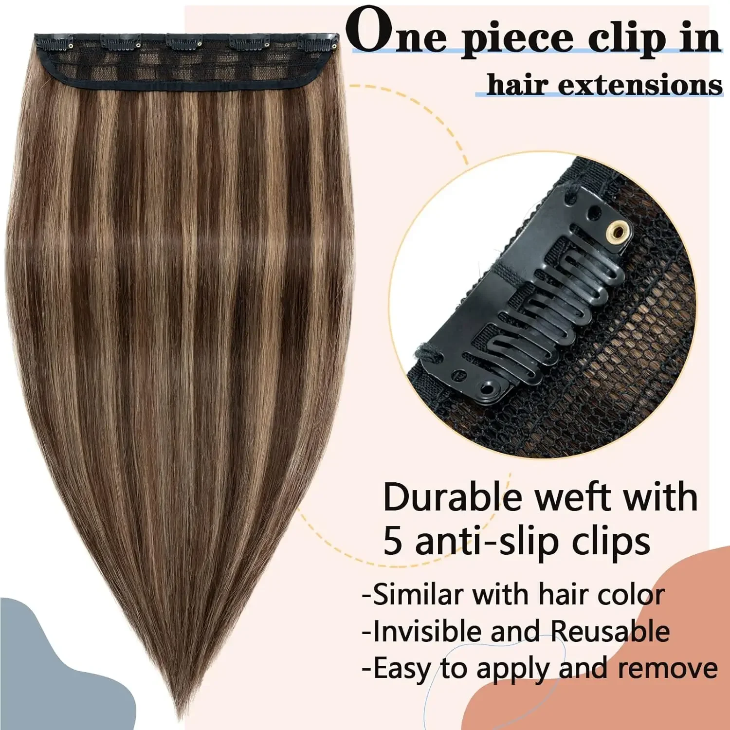 Einteilige Haarverlängerung, 5 Clips, glatt, gesträhnt, Remy Human, 120G, P4-27, Mittelbraun, Dunkelblond_voghion.com