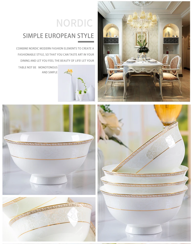 Fine Ceramic Kitchen Plate Luxury Serving Home Hotel Gold Rim Bone