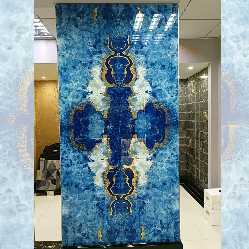 Springletile Customized 60x120 Polished butterfly Pattern Textured Gold Vein Blue Background Ceramic Bathroom Wall Tile Design