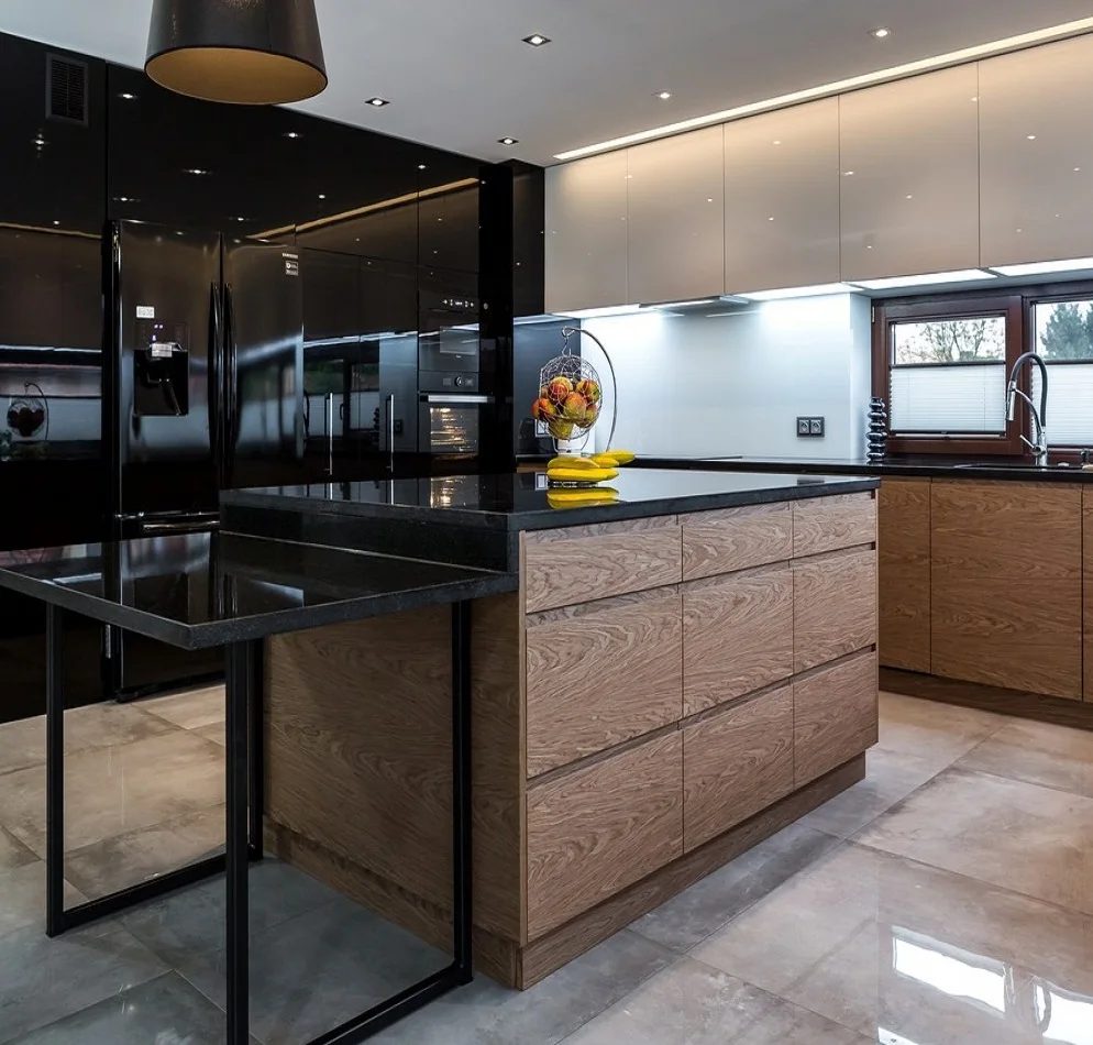 America Cherry Wood Veener High Gloss Matte Black Wood Kitchen Cabinet