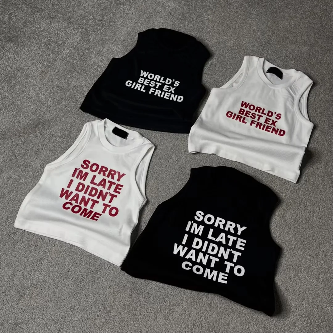 Wypłukany w stylu vintage T-shirt bez rękawów, letni tank top do streetwearu przycięty pod talie, cyfrowy nadruk DTG z kryształkami, możliwość personalizacji