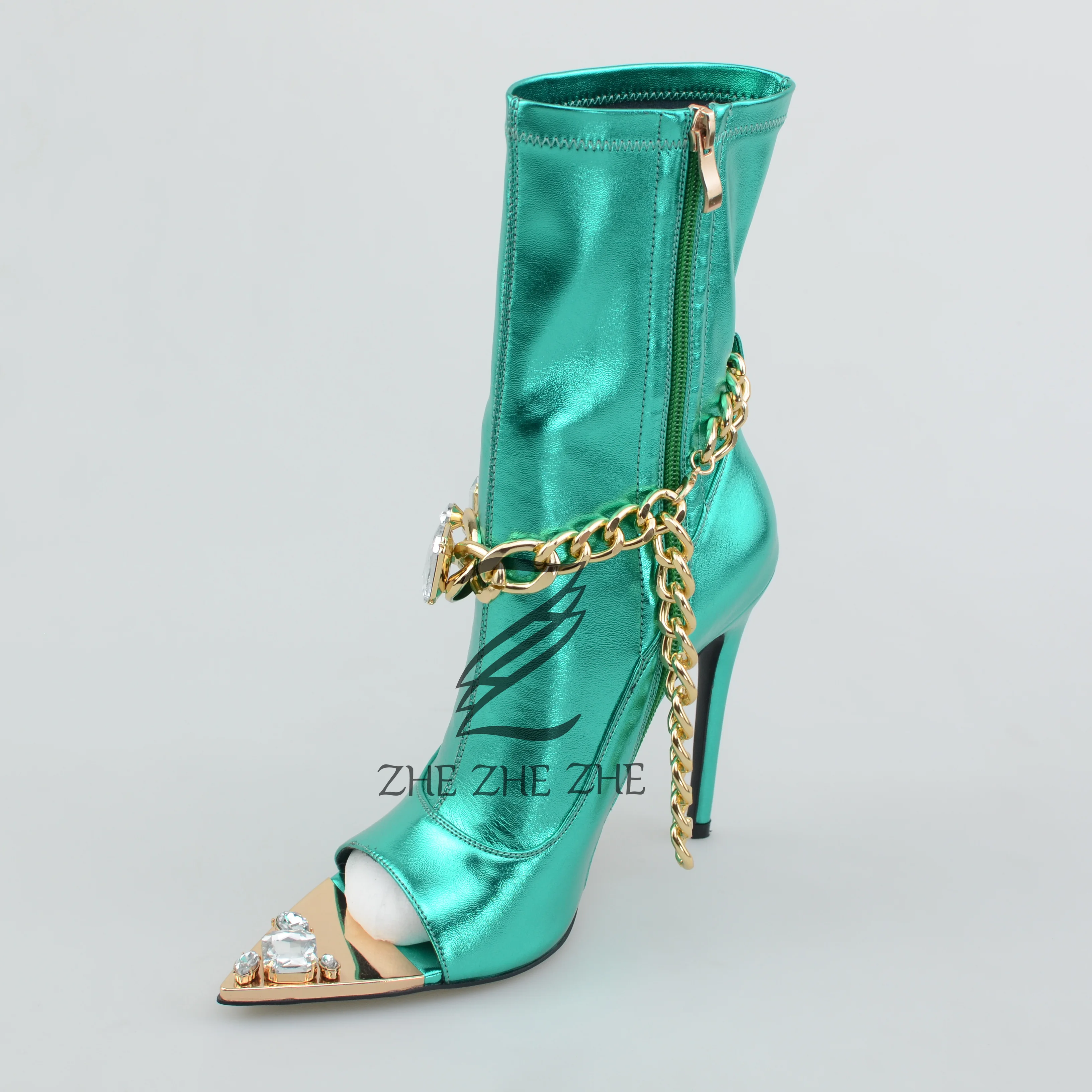 Luxury Green Pointed Toe Stiletto High Heel With Diamond Decorated Open