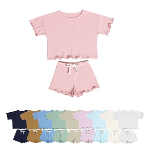 Trendy Style Children Clothing Summer  Children Solid Color Short-Sleeved Shorts  and Child Clothing Set