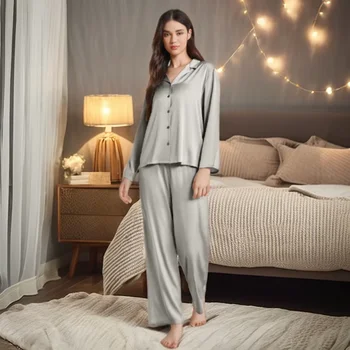 Women's High Quality Satin Pajamas Sets Long Sleeved Elastic Waist Closure Silky Feel Solid Fabric for Spring Autumn Sleepwear