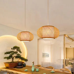 Handmade Woven Rattan Lampshade Stripe Bamboo Chandeliers Pendant Lights for Kitchen Living Bed Room for Villa Corridor
