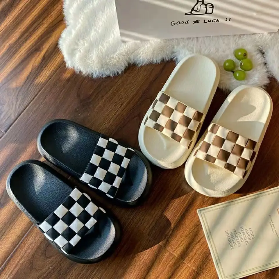 Cross-border E-commerce Black--white Checkerboard Slippers Women's Summer  Fashion Simple Ins Stepping On Excrement Feeling Thick - Buy Stepping On  Excrement With Thick Bottom Beach Women's Sandals And Slippers,Beach  Character Women's Sandals And