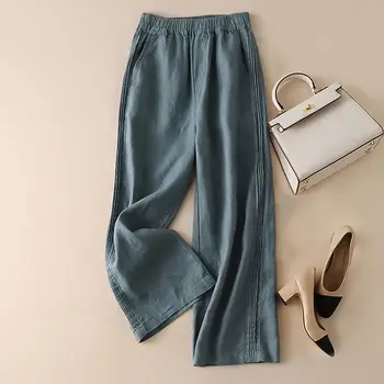 Women's Blue Japan Cropped Wide Leg Pants Breathable Mid-Waist Casual Long Trousers for Spring Season