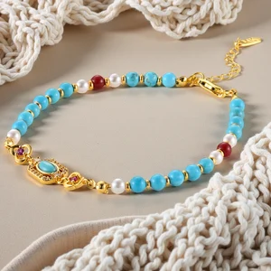 Muxcor High Quality Copper Glass Beads Turquoise Resin Fashion Beaded Bracelet Retro and Modern Chinese Styles