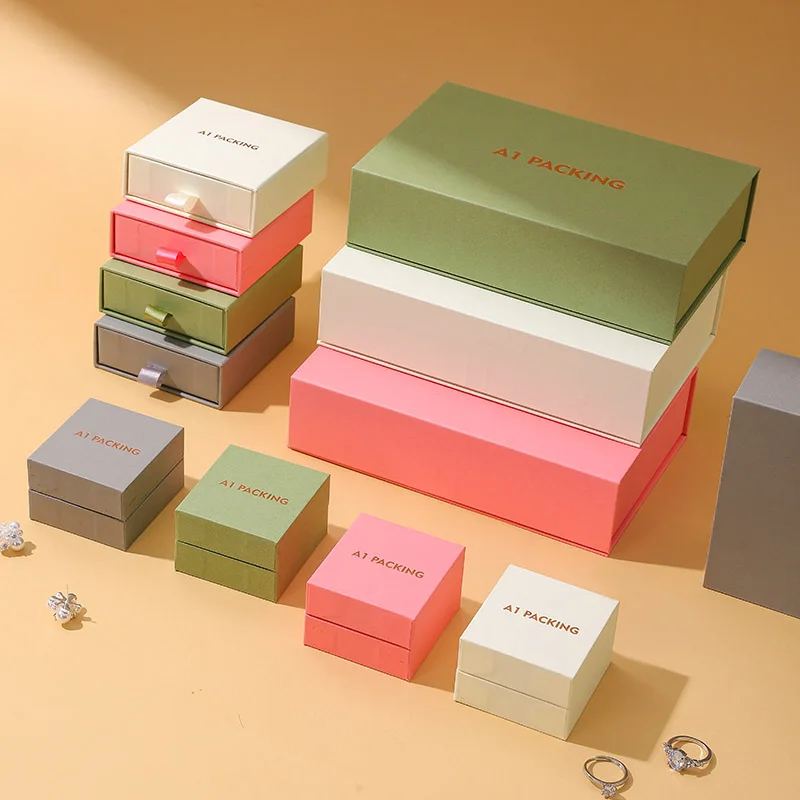 Premium Square Magnetic Snap Closure Cardboard Jewelry Box Drawer Box Set Custom Jewelry Earrings Necklace Storage Book Shaped details
