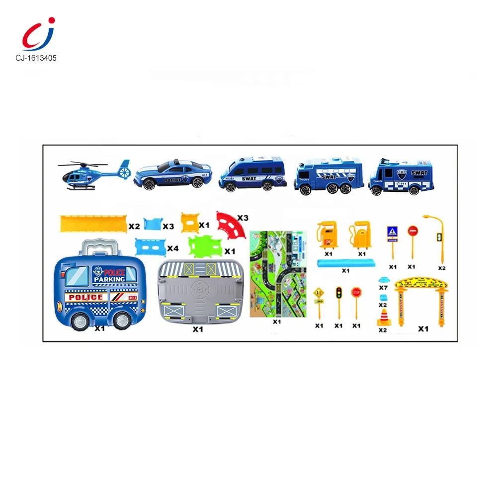 Plastic Kids Play Car Slot Diy Suitcase Police Parking Garage Set for Boys With Map