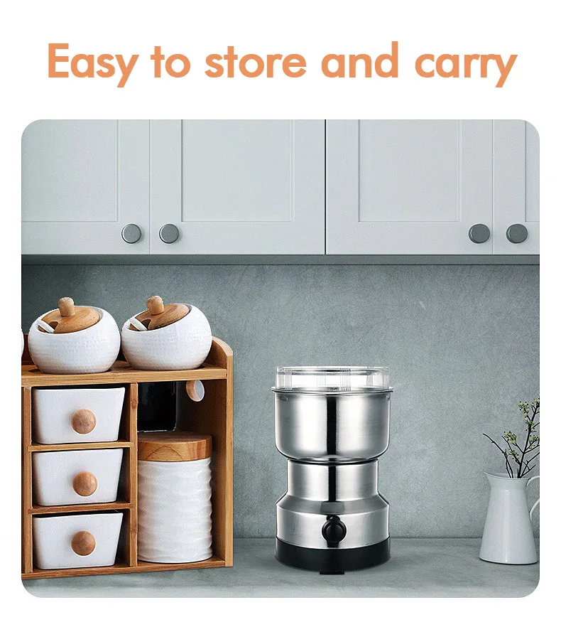 Silver Mini Electric Coffee Grinder for Household Use for Spices and Seeds with 2 Removable Stainless Steel Bowls