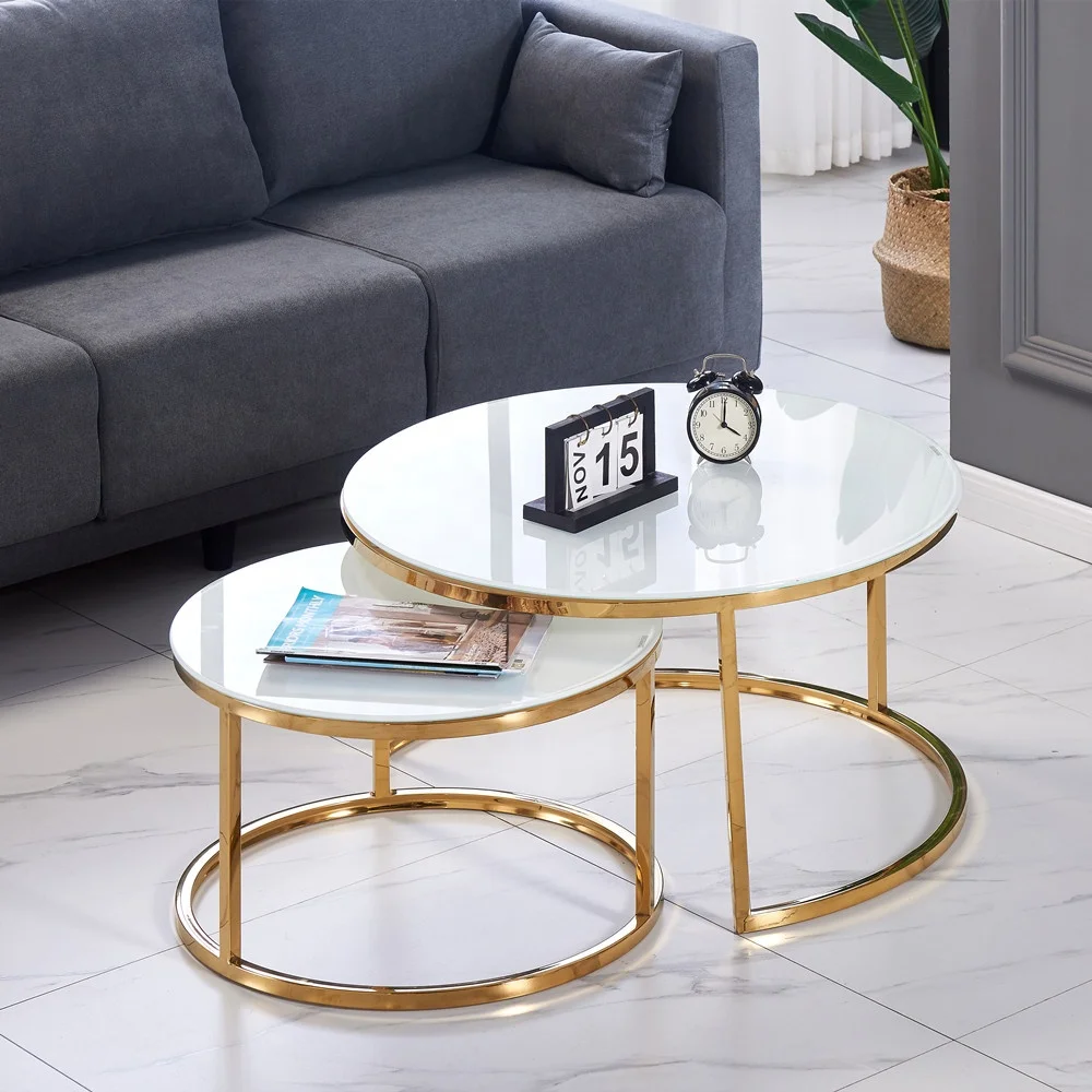 Round Coffee Table Set of 2 Modern Furniture Side End Table for Living Room Glass Luxury Coffee Tables