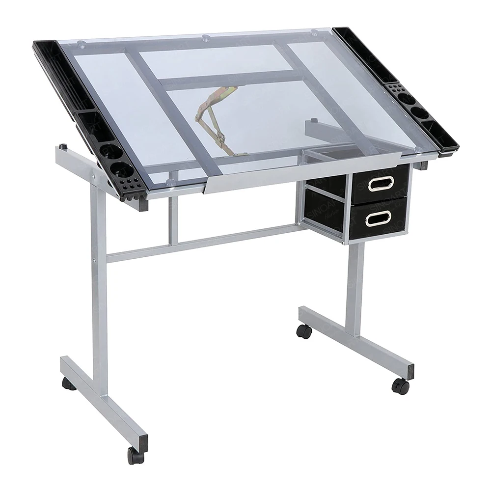 SINOART High Quality Transparent Glass Top Height Adjustable Drawing Table Drafting Table  for School Home Furniture