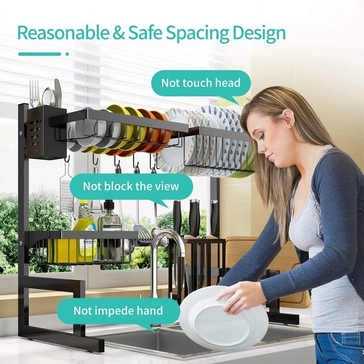 Égouttoir à vaisselle réglable au-dessus de l'évier, égouttoir à vaisselle de cuisine extensible à 2 niveaux en acier inoxydable