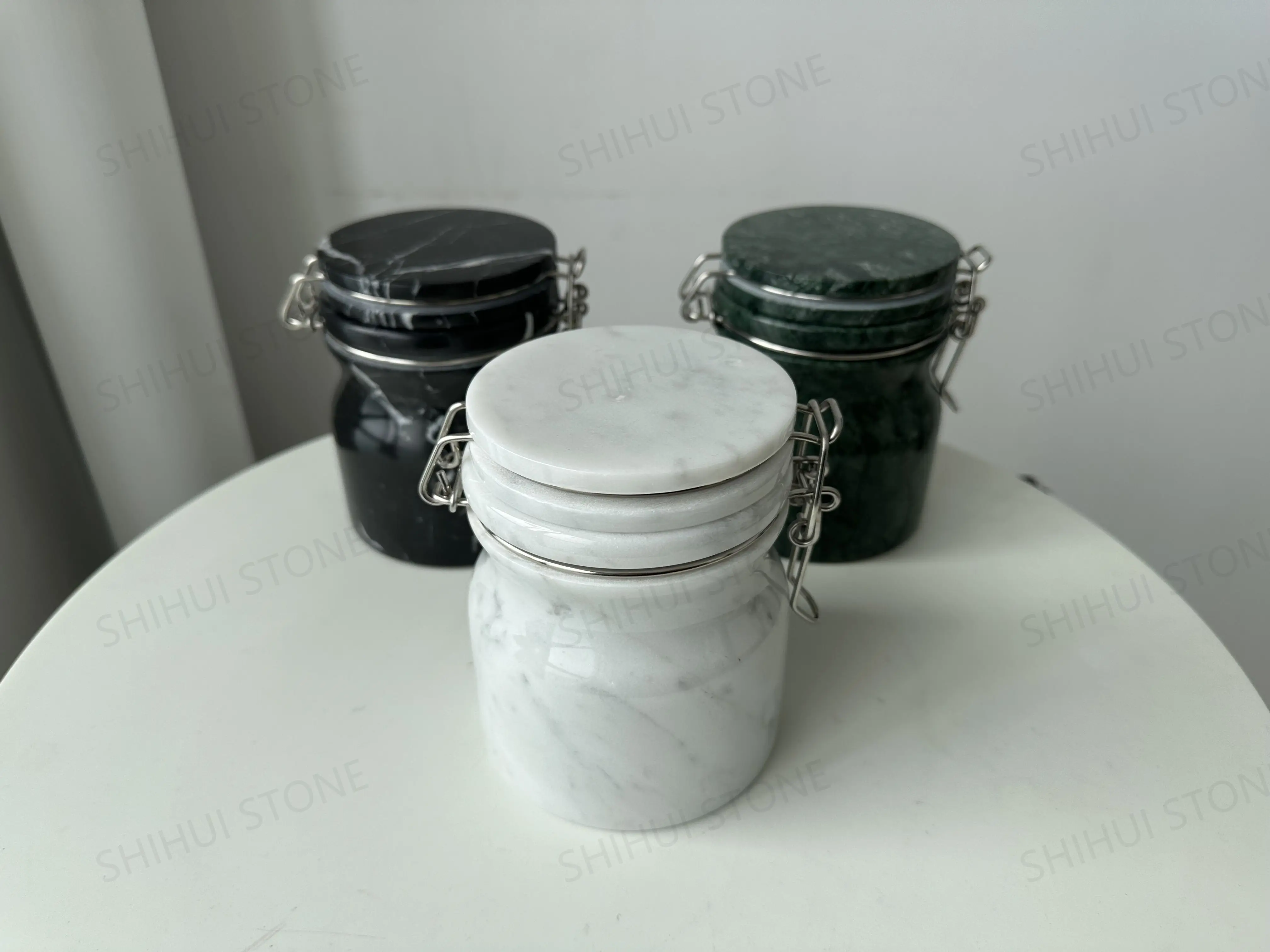 SHIHUI Custom Logo Natural Stone Marble Decoration Personalized Design Food Syrup Containers Unique Honey Storage Jar Kitchen