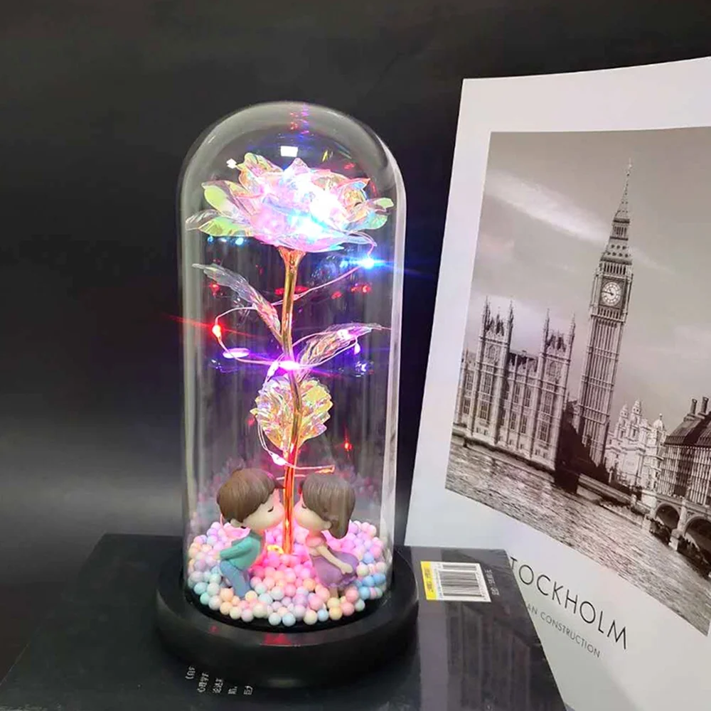Shining 24k Golden Colorful Rose LED Light String on the Colorful Gold Foil Flowers Rose in Glass Dome