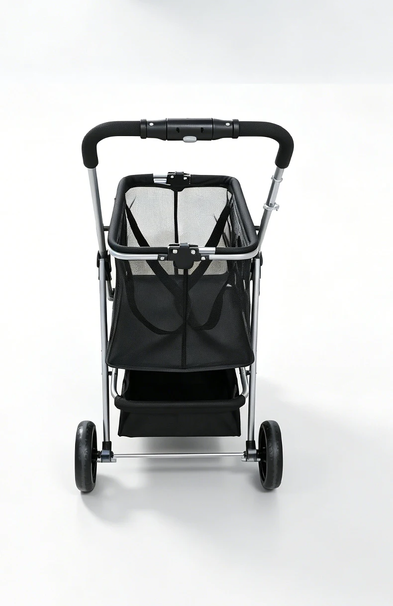 product new 3 wheel double layer pet stroller one click fold detachable hand pull cart multifunctional outdoor shopping grocery basket-6