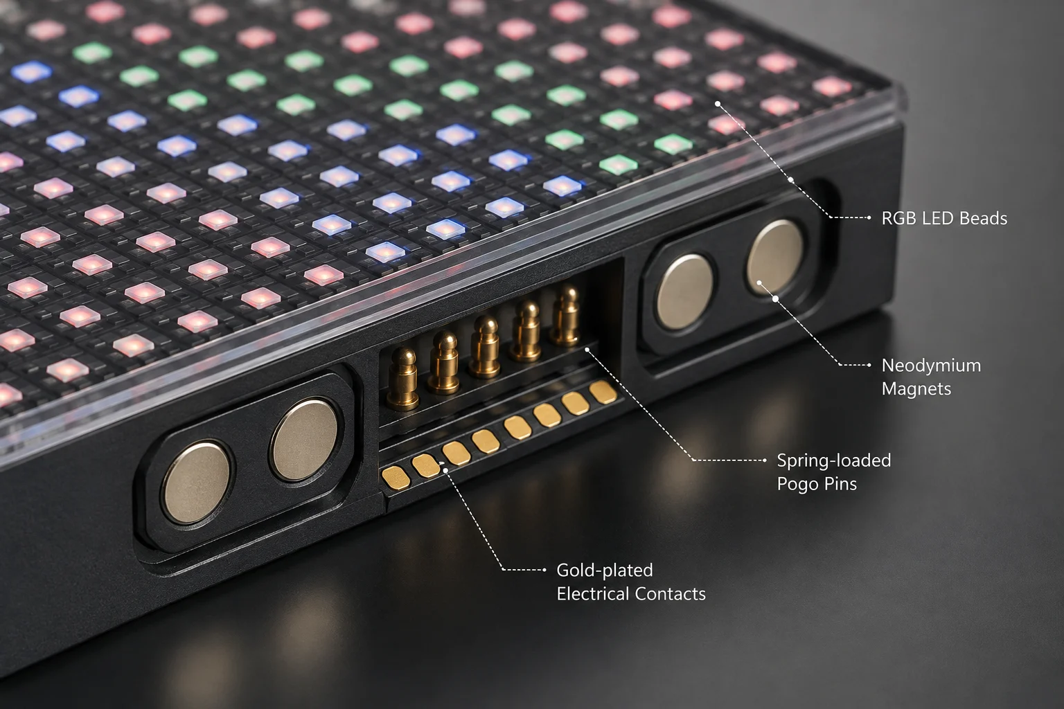 Close-up of magnetic LED dance floor tiles showing the magnetic connector edges and RGB LED lights