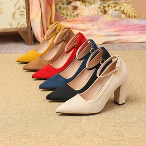 Cross-border European and American Trade Large Size 43 Pointy Thick Heel Suede Shallow Mouth Single Shoes Women's Work Heels