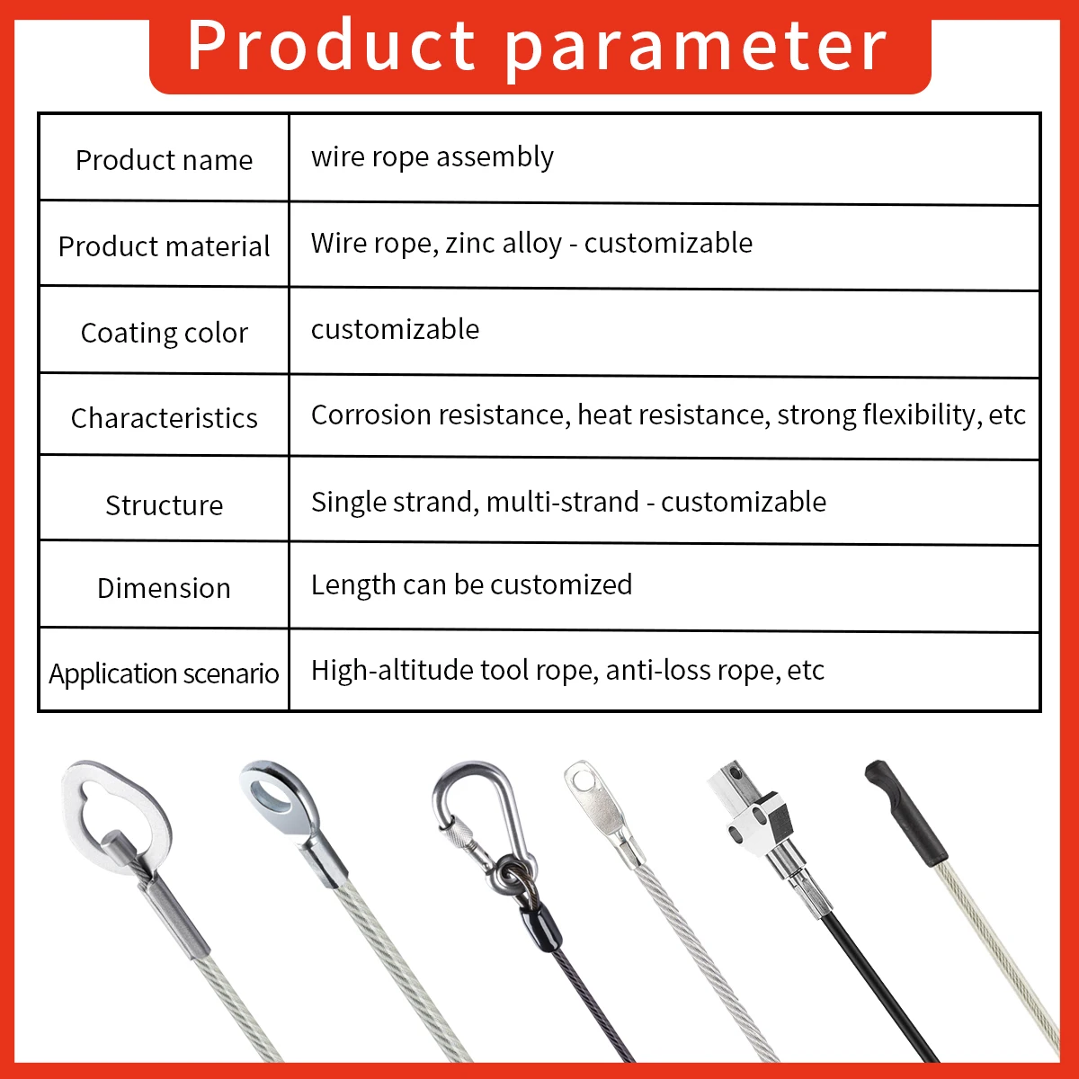 Custom High Quality 7*7 Galvanized Stainless Steel Wire Rope Cable Assembly With Loop End Hook Stopper Eye Terminal Fittings