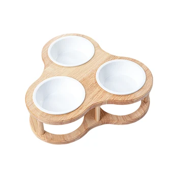Double Ceramic Bowl Wooden Stand Rubber Wood with Wax Oil Finish, Perfect for Small to Medium Pets