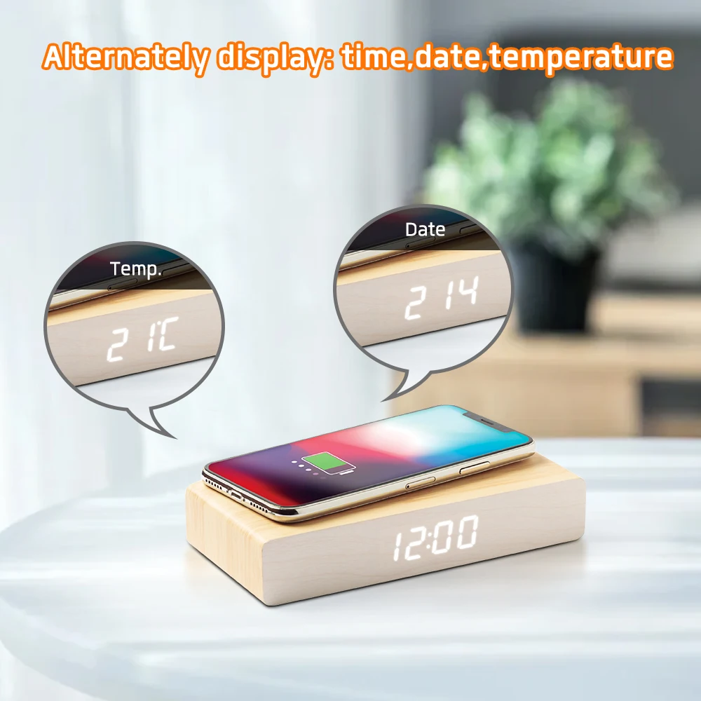 Деревянная Беспроводная деревянная зарядка будильника Led Qi Быстрая зарядка для телефона часы