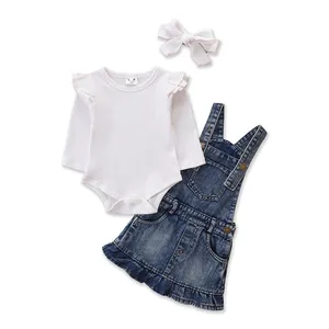 2021 Infant Girls Autumn Clothing Sets Fly Sleeve Long Solid Romper Denim Ripped Suspender Dress Hairband 3PCS Baby Clothes