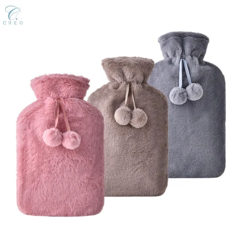 2L Large Capacity  Cute Pom-Pom Decorative Hot Water Bottle with Leak-proof Natural Rubber Core & Soft Plush Removable Cover