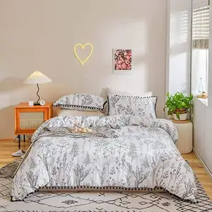 Washable Breathable Plain Plant Pattern Printing Lightweight Soft Microfiber Tufted Duvet Cover Set