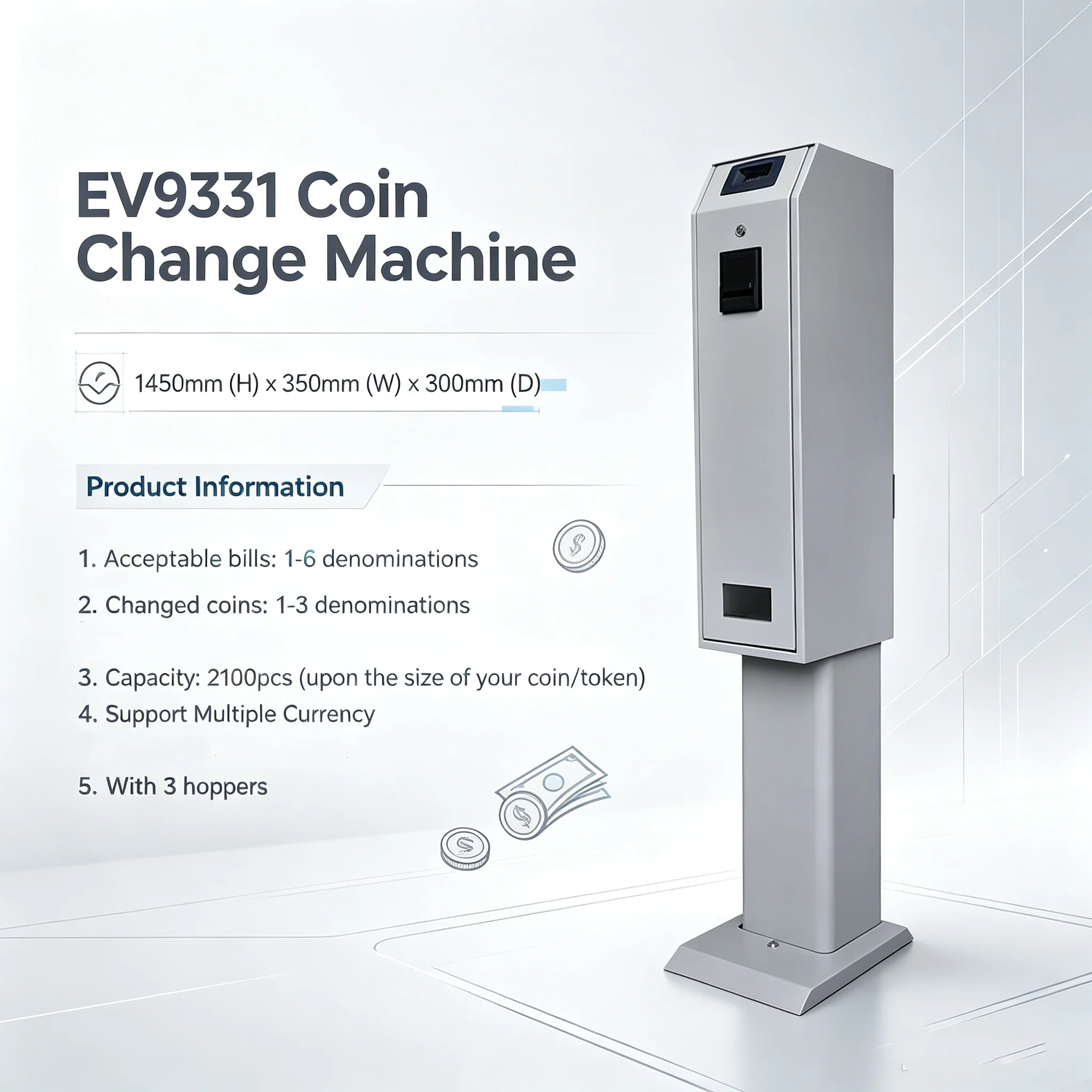White Free Standing Coin Change Machine Money With 3 Coin Hoppers